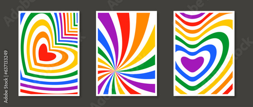 Rainbow heart and sunburst prints design set. Abstract colorful poster collection. Geometric psychedelic wallpapers pack. Pride month and lgbt rights concept templates bundle. Vector illustration