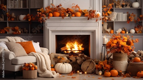 cozy Fireplace with fall decoration.