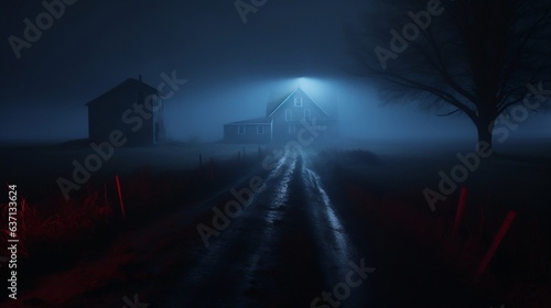 Rural area scene in night. Mysterious Barn in foggy night.