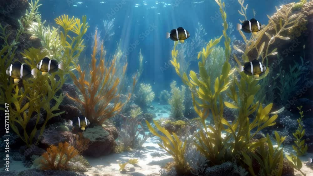 Beautiful underwater background with school of yellowtail clownfish ...