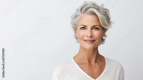 Smiling woman with blond hair, portraying confidence and beauty in a studio portrait