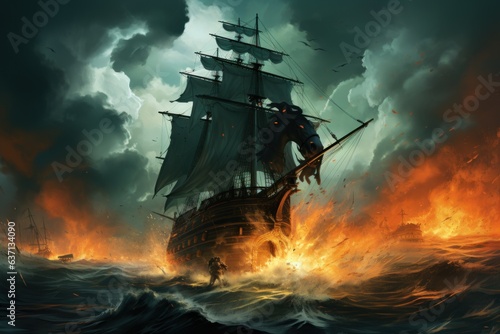 Valokuva A pirate ship on fire in the ocean. Generative AI image.