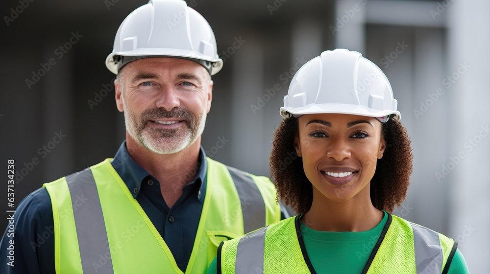 Smiling workers in a warehouse wearing yellow hard hats Smiling workers in a warehouse wearing yellow hard hats