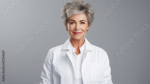 portrait of a woman doctor looking at the camera, isolated on gray background