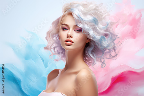 Beautiful young woman portrait, elegance style, summer banner, bright pink and pastel blue colors palette. 