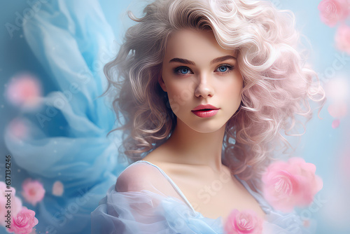 Beautiful young woman portrait, elegance style, summer banner, bright pink and pastel blue colors palette. 