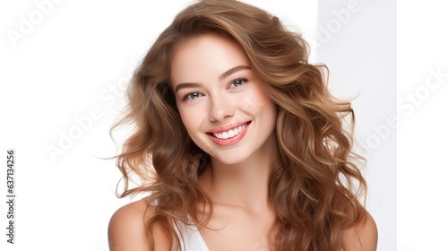 Portrait of a woman with long, curly hair, showcasing her beauty and glamour in a close-up studio shot, highlighting her radiant smile and captivating eyes