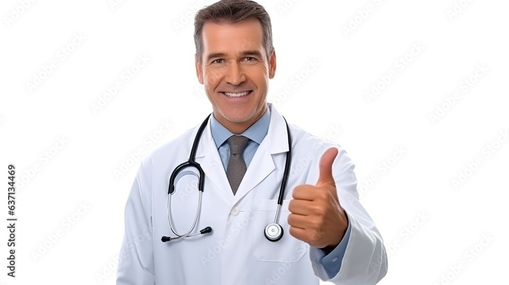 Doctor showing thumbs up sign isolated on white background