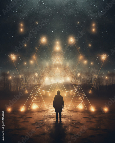 Silhouette of person at night in front of triangular light sculpture