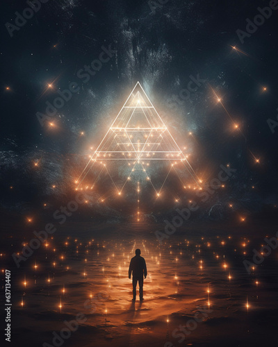 Silhouette of person at night in front of triangular light sculpture