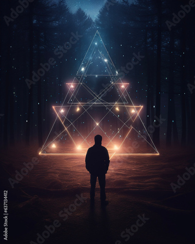Silhouette of person at night in front of triangular light sculpture