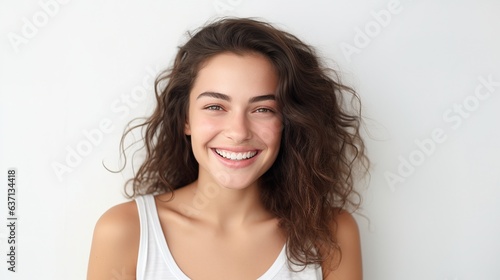 Close-up portrait of a smiling brunette model with beautiful eyes