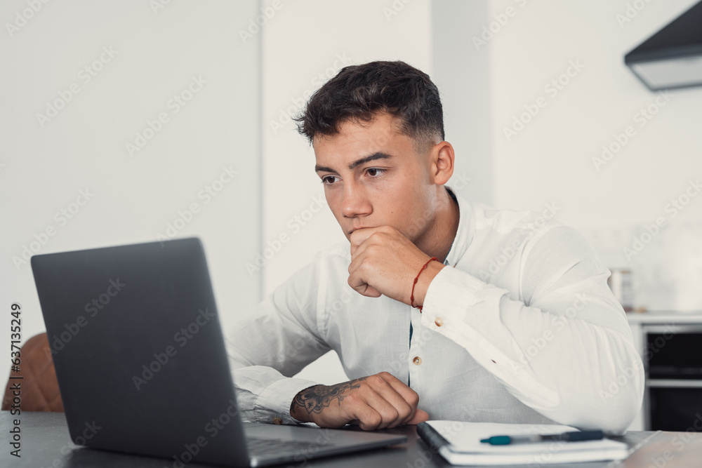 Thoughtful businessman touching chin, pondering ideas or strategy, sitting at wooden work desk with laptop, freelancer working on online project, student preparing for exam at home
Thoughtful businessman touching chin, pondering ideas or strategy, sitting at wooden work desk with laptop, freelancer working on online project, student preparing for exam at home