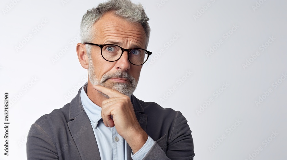 Thoughtful Mature Man: A pensive portrait of a mature man with salt and pepper hair, wearing glasses and a blazer, thoughtfully touching his chin. Thoughtful Mature Man: A pensive portrait of a mature man with salt and pepper hair, wearing glasses and a blazer, thoughtfully touching his chin.