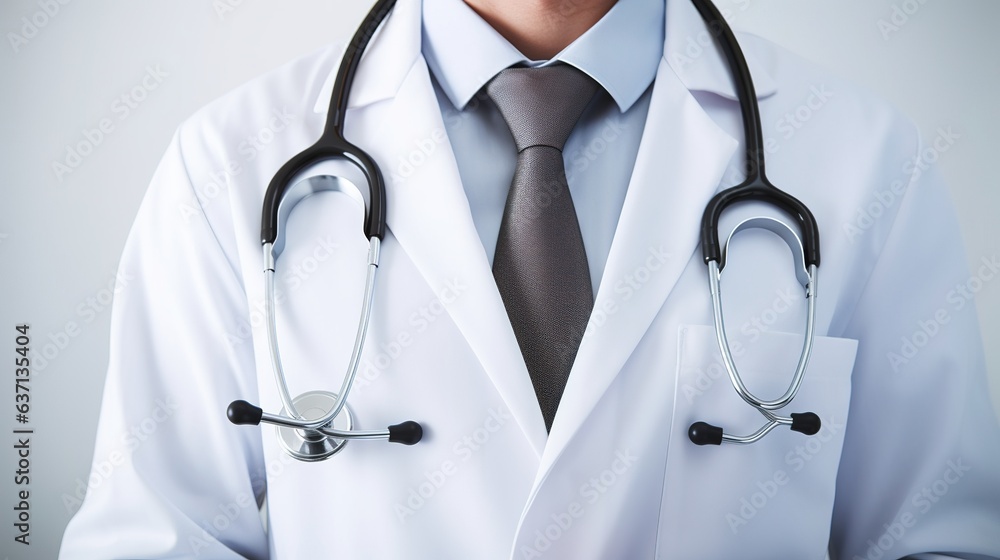Stethoscope on White Coat: Close-up view of a medical professional's white coat with a stethoscope draped over it, symbolizing healthcare, medical expertise, and patient care. Stethoscope on White Coat: Close-up view of a medical professional's white coat with a stethoscope draped over it, symbolizing healthcare, medical expertise, and patient care.