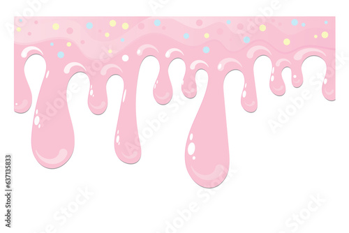 Pink soft ice cream, splashes of sweet candies, long border, seamless banner pattern, vector white background. 
