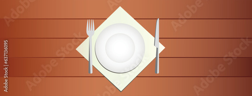 Plate, knife, and fork on napkin cloth on a wooden surface or wooden table stock vector illustration, Empty plate and cutleries on a napkin from top angle stock vector image