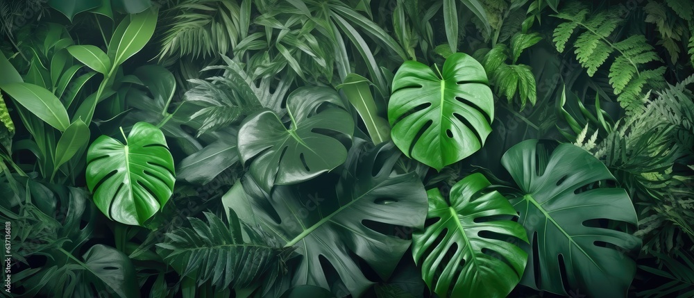 Background of tropical green leaves. Banner layout for a text field. the concept of recreation and travel. Background with tropical green leaves of monstera. Background of tropical green leaves. Banner layout for a text field. the concept of recreation and travel. Background with tropical green leaves of monstera.