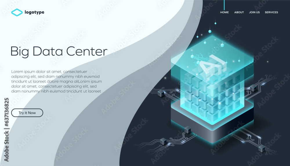 Abstract big data center with artificial intelligence or blockchain ...