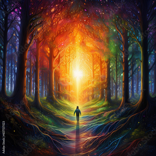 Human Silhouette in rainbow forest