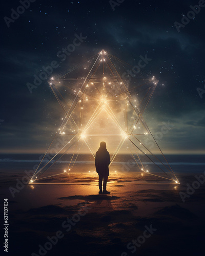 Human silhouette standing before triangular light sculpture