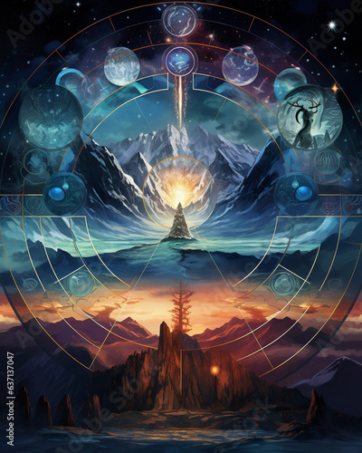 Cycles of nature abstract desert mountain illustration