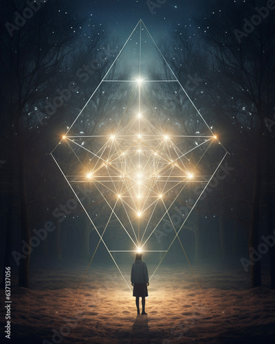 Human silhouette standing before triangular light sculpture