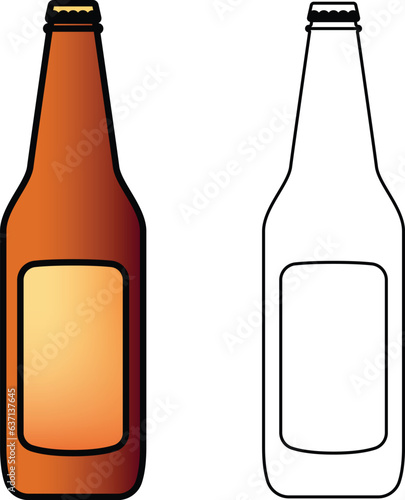Beer bottle simple cartoon style vector illustration, Beer bottle colored and black and white line art isolated on white background stock vector image