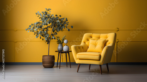 A stylish interior design composition featuring a mustard yellow armchair, a wooden side table with vases, and a potted plant against a bold yellow wall, creating a modern and cozy atmosphere


