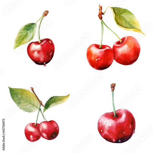 Set of Watercolor Cherry Isolated in Transparent Background