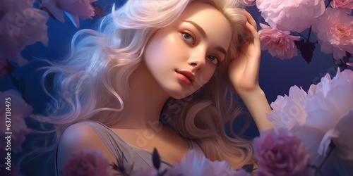 illustration of beautiful woman with flower, generative AI