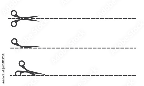 Set of Black scissors cutting mark. coupon cutting icon. Scissor cutting icon vector illustration. Isolated on white background, cut here symbols.