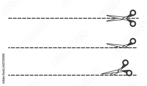 Simple Set of scissors with cut lines. Scissors with cut lines, coupon cutting icon. Scissor cutting icon vector illustration. Isolated on white background, cut here symbols.