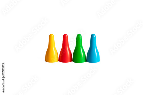 Colorful game pawns on a white background