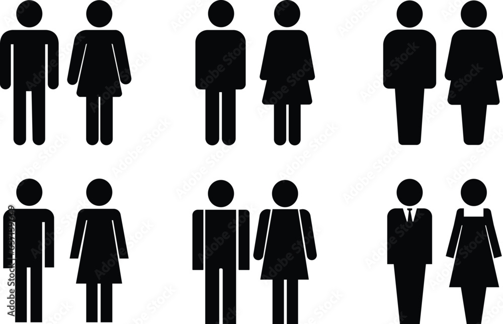 Restroom door pictograms. set Woman and man public toilet vector signs, female and male hygiene washrooms symbols, black ladies and gentlemen WC restroom UI mobile apps icon plate boys girls - obrazy, fototapety, plakaty 