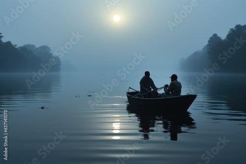 Two people in a small boat on a body of water. Generative AI image.