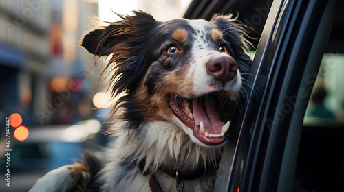 Happy mixed - breed dog with head out of the car window having fun © Jula Isaeva 