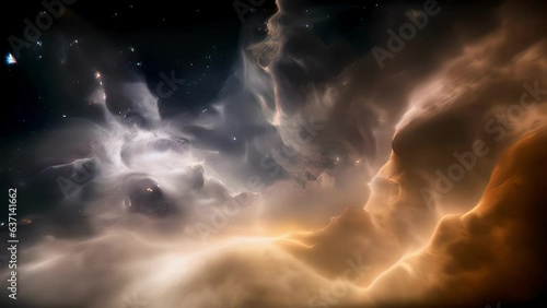 A cloud of gas and dust shining brightly in the inky blackness of space is illuminated by a star s strong cosmic winds thrusting and twisting the gaseous material until 