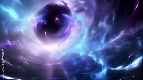 In the image bands of blue and violet light burst outwards from the center of a rapidly spinning neutron star. Its intense radiation spreads through the interstellar void  photo