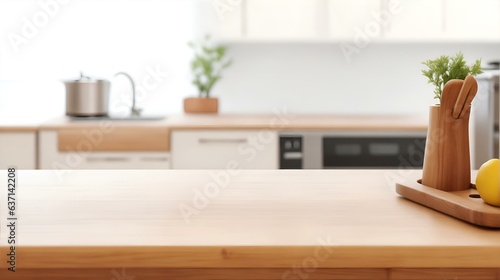 キッチンの背景、木製のテーブル、ボケた背景｜Kitchen background, wooden table and blurred background. Generative AI