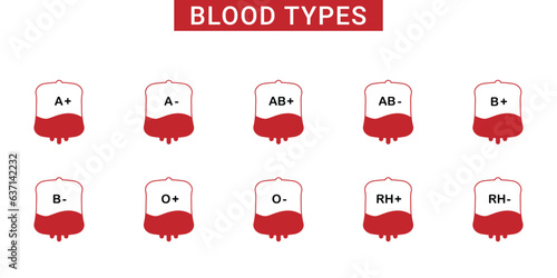 Blood group icon collection isolated on white background. blood types vector illustration with blood bag.