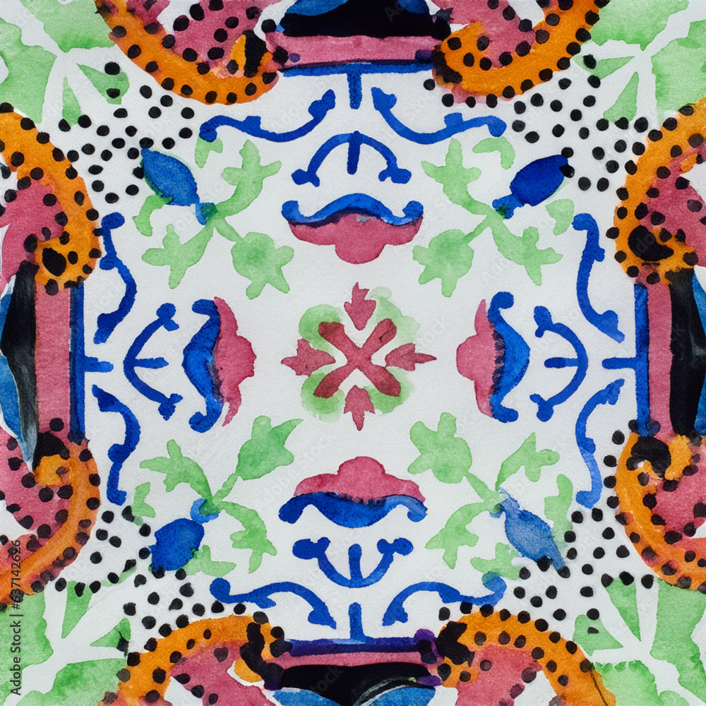 Obraz premium Watercolor illustration of portuguese ceramic tiles pattern