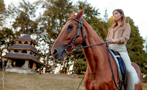 A young jockey-girl leads a saddled brown horse by the reins. Horse school provides riding lessons and therapeutic experiences like hippotherapy. Horse care for emotional well-being.