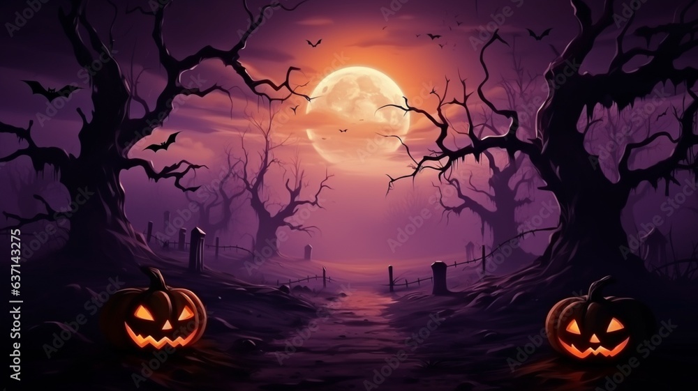 Fototapeta premium Halloween background spooky night with evil pumpkin