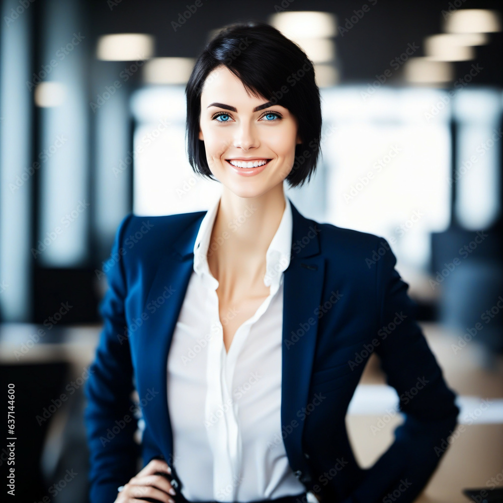 Happy successful business woman with short black hair in suit smiling at work in the office Happy successful business woman with short black hair in suit smiling at work in the office