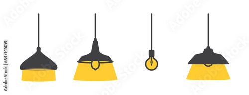 Icon set of Furniture chandelier, floor and table lamp in flat cartoon style. Chandeliers, illuminator, flashlight isolated on white background, 