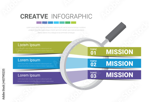 Education infographic with magnifying glass element. Presentation 3 steps template design, Colorful vector template for presentation and training.