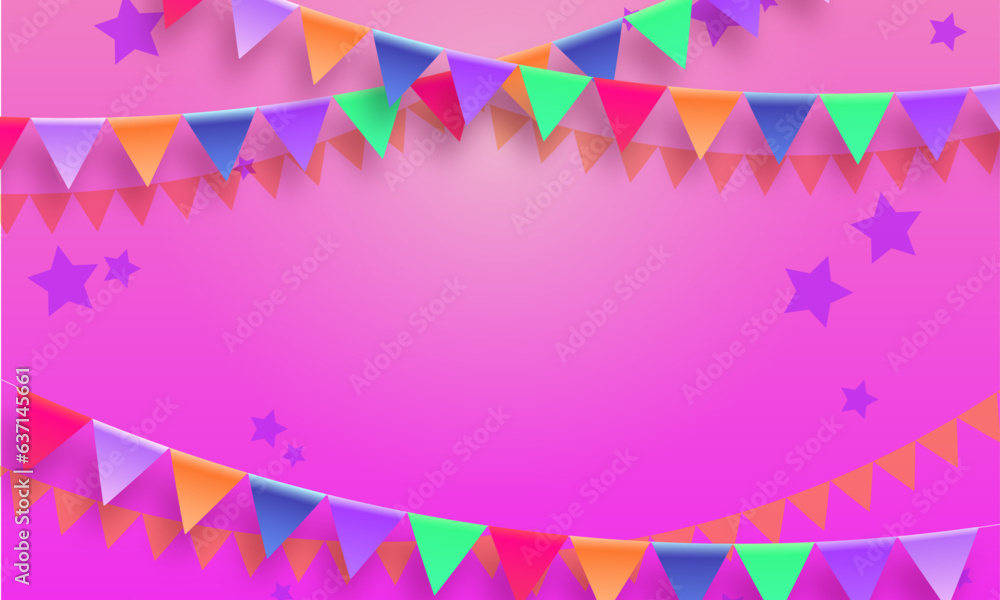 Fototapeta premium Vector multicolored bright buntings garlands, party flags with confetti