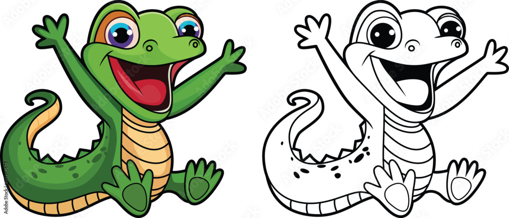 Obraz premium Happy Cartoon Lizard vector illustration, Jumping and smiling lizard cartoon mascot vector image