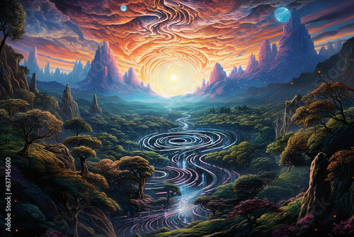 Surreal rainbow labyrinth sunset mountains landscape